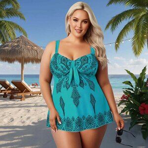 Plus Teal Green Paisley Print 2Pc Swimdress Set Wide Strap Womens 26 Swimwear